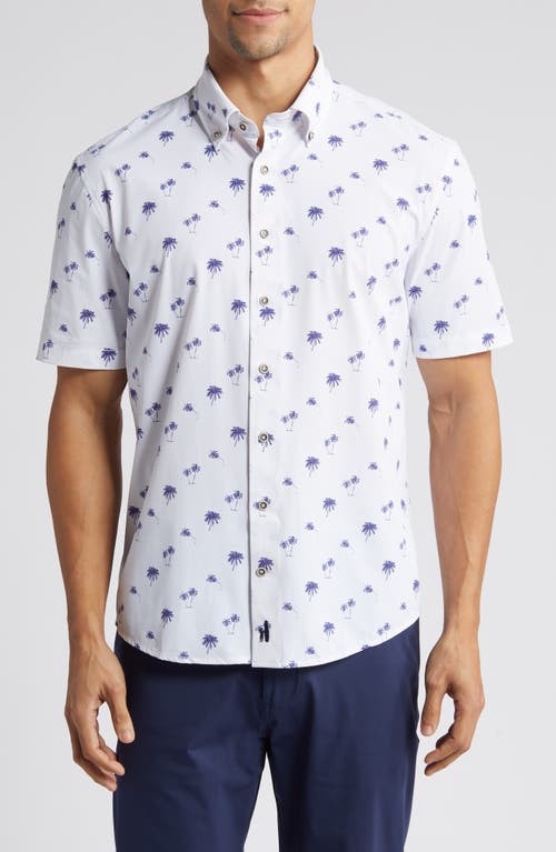 johnnie-O Samana Hangin' Out Palm Tree Print Short Sleeve Stretch Button-Down Shirt White at Nordstrom,