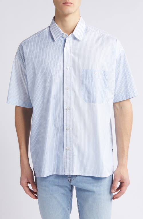 BOSS Drew Mixed Stripe Short Sleeve Button-Up Shirt Light Blue at Nordstrom,