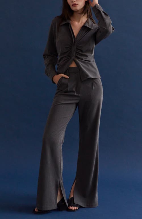 Crescent Brushed Ruched Button Up Top In Charcoal