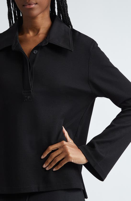 Shop Courrèges Embroidered Logo Fluted Sleeve Cotton Polo In Black