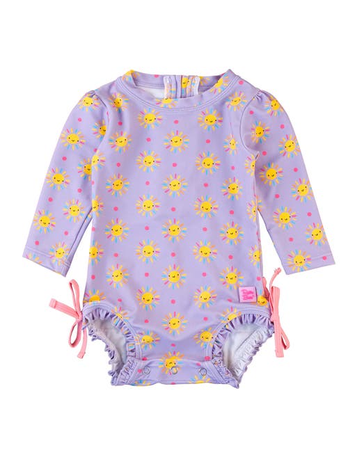 Shop Rufflebutts Baby Girls Long Sleeve Upf50+ One Piece Rash Guard In Lavender Sunshiny Day