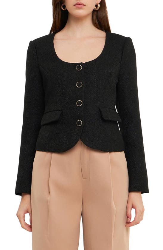 Shop Endless Rose Scoop Neck Tweed Jacket In Black
