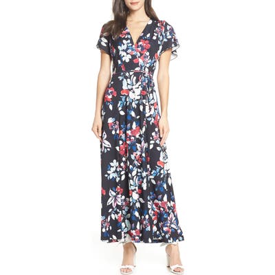 French Connection Linosa Floral Print Faux Wrap Maxi Dress, Blue