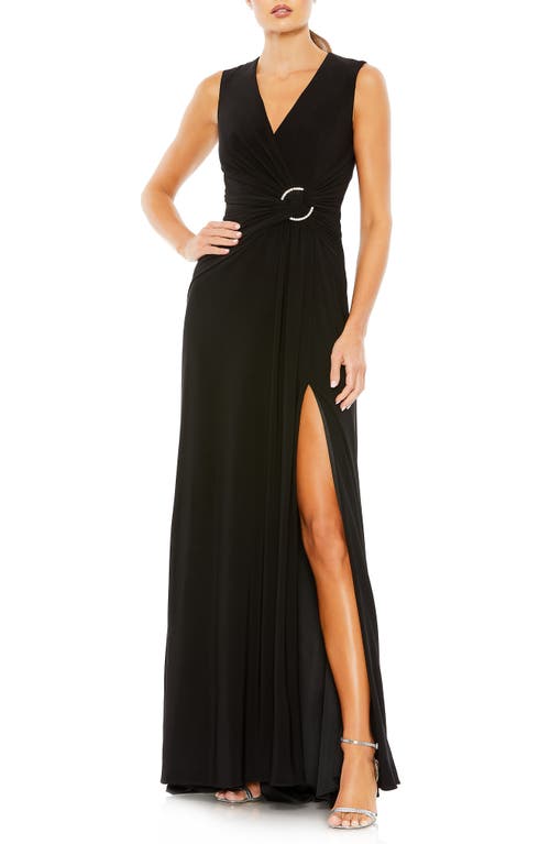 Crystal Buckle Side Knot Jersey Gown in Black