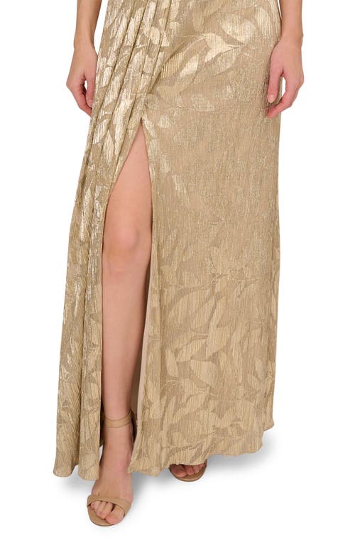ADRIANNA PAPELL ADRIANNA PAPELL METALLIC LEAF JACQUARD DRAPED GOWN