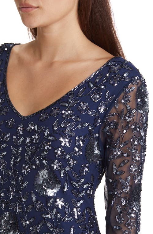 Shop Pisarro Nights Beaded V-neck Sheer Sleeve Cocktail Dress In Navy/gunmetal 421