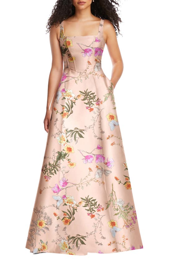 Alfred Sung Floral Corset Satin Gown In Butterfly Botanica-pink Sand