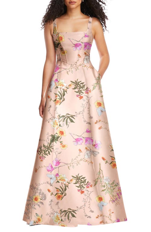 Floral Corset Satin Gown in Butterfly Botanica-Pink Sand