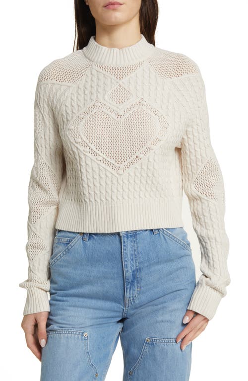 Lovely Heart Mix Stitch Mock Neck Crop Sweater in White Sand