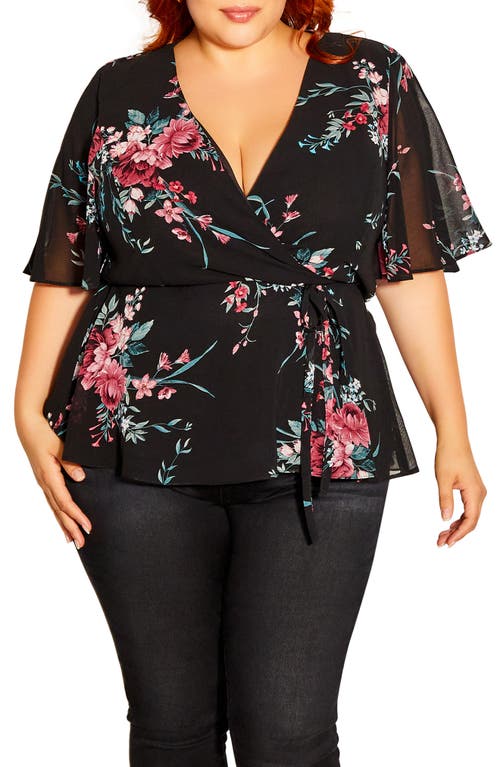 City Chic Josephine Floral Faux Wrap Blouse in Black Whimsical Fl