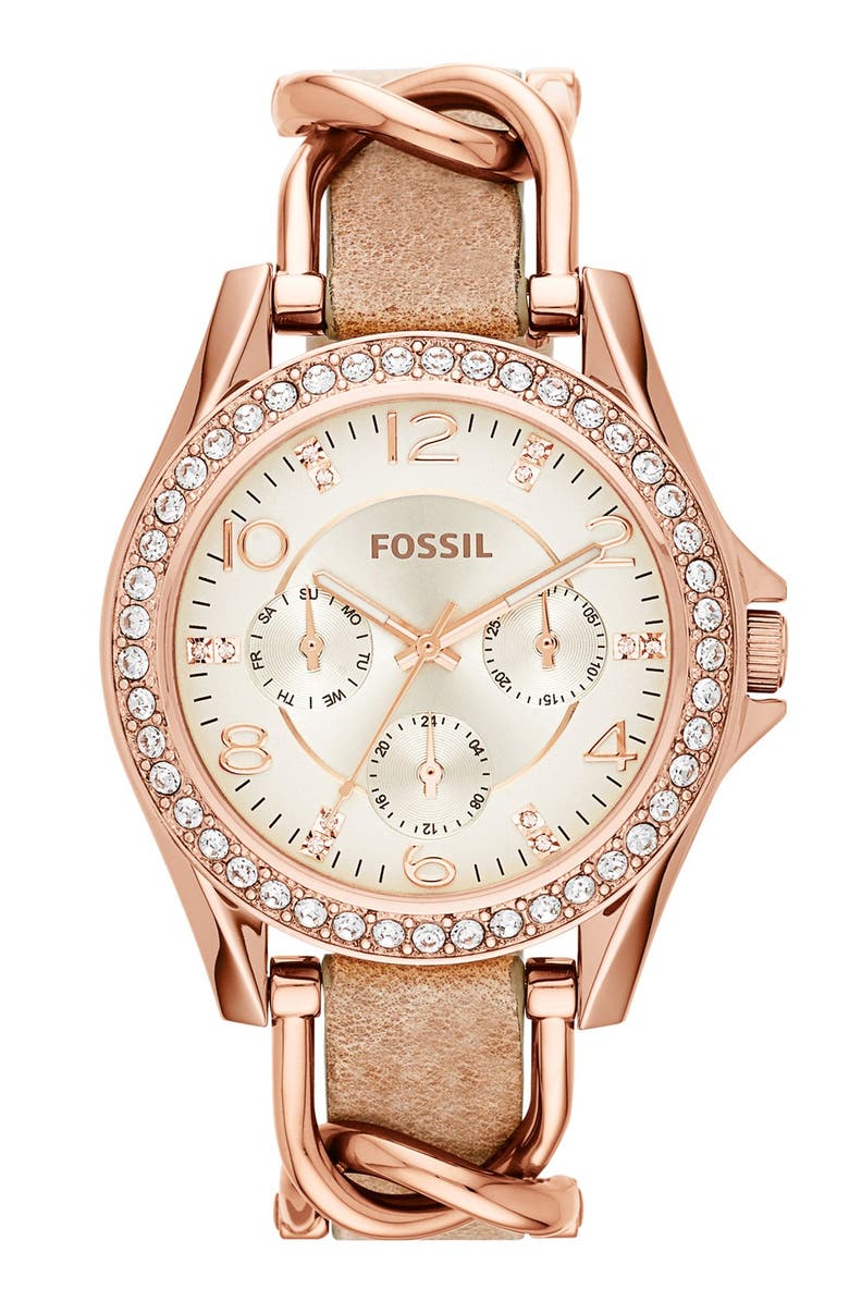 Fossil 'Riley' Crystal Bezel Leather Strap Watch, 38mm ...
