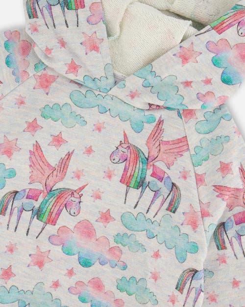 Shop Deux Par Deux Girl's Printed Shiny French Terry Hoodie Gray Mix Printed Unicorn In Printed Angel Unicorns