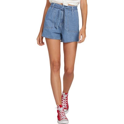 Plus Size Volcom Tongue Tied Pinstripe Belted Denim Shorts, Blue
