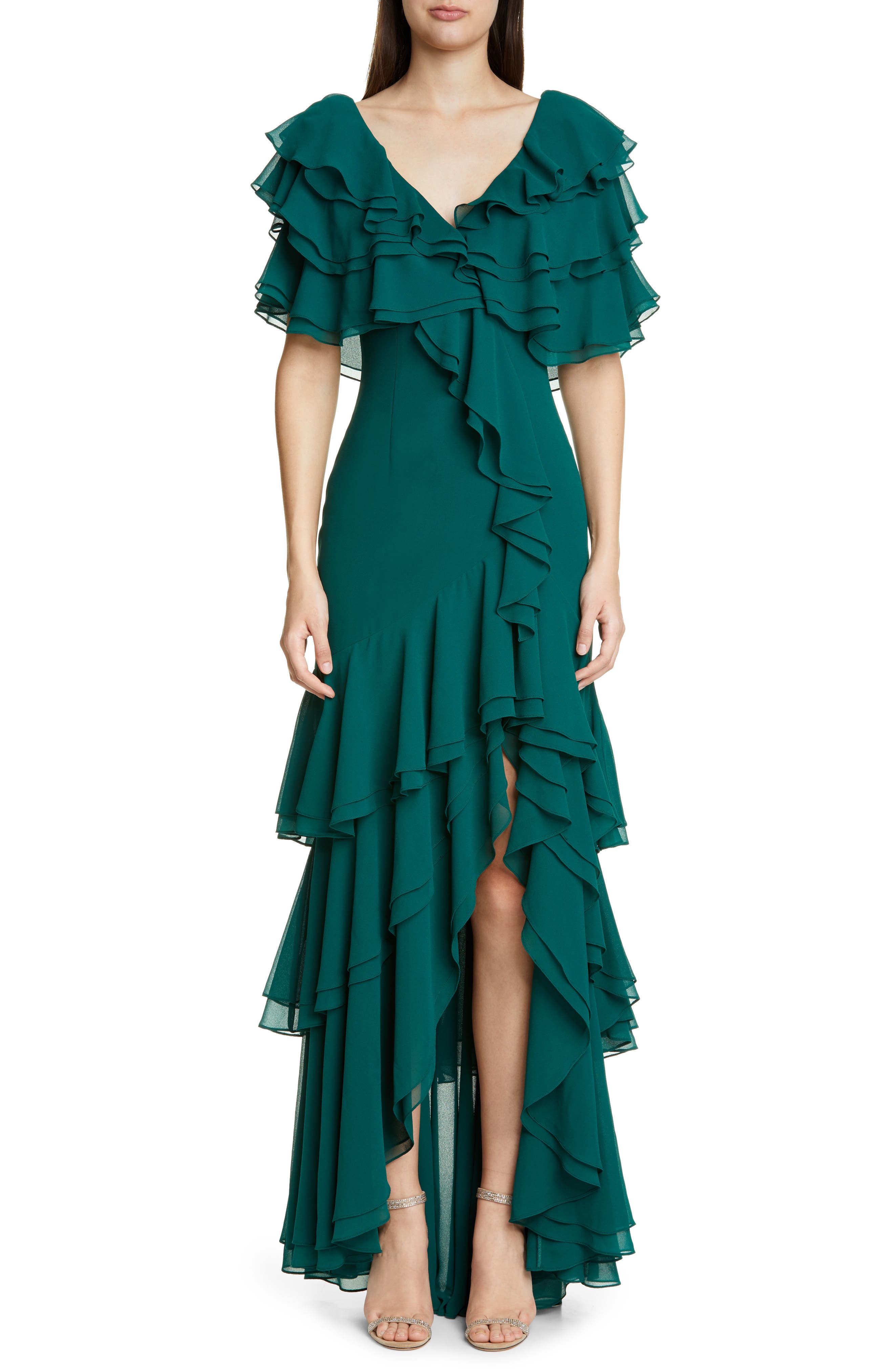Badgley Mischka Ruffle Evening Gown, Green
