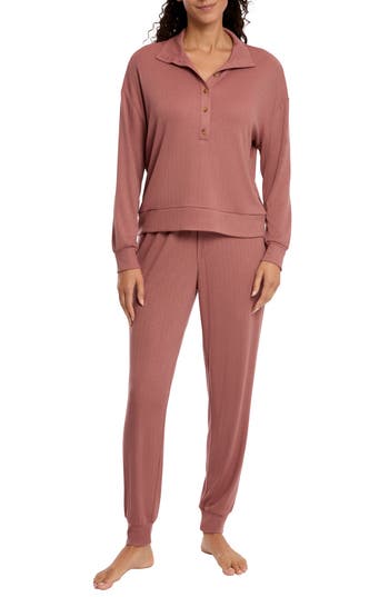 Danskin Double Sided Rib Long Sleeve Knit Pajamas In Coffee Cream