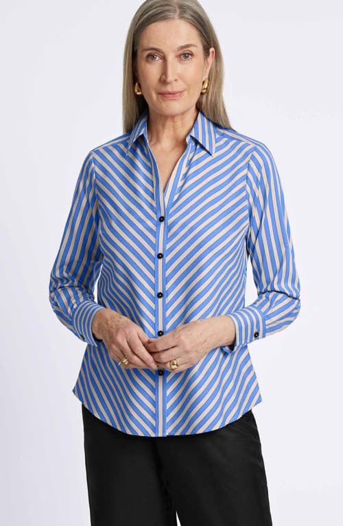 Shop Foxcroft Mary Stripe Stretch Button-up Shirt In Cobalt Blue/neutral