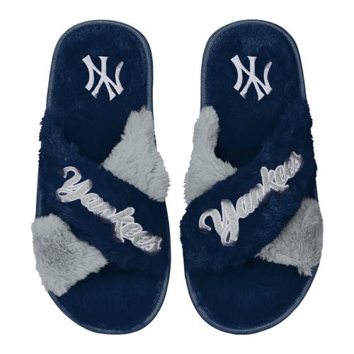 Women's FOCO Navy New York Yankees Two-Tone Crossover Faux Fur Slide Slippers