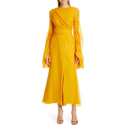 Flor Et. Al Monclova Long Sleeve Silk Chiffon Gown, Yellow