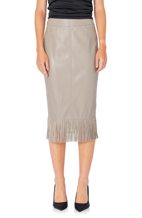 Shop Endless Rose Fringe Faux Leather Midi Penci Skirt In Taupe