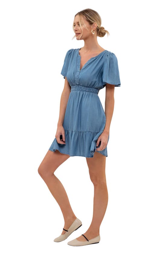 BLU PEPPER BLU PEPPER CHAMBRAY TIERED FLUTTER SLEEVE DRESS
