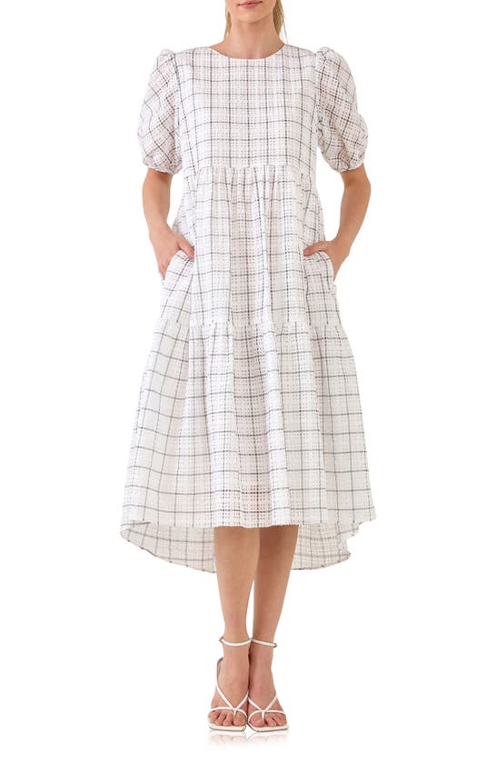 English Factory Plaid Tiered Ruffle Cotton Blend Dress In White