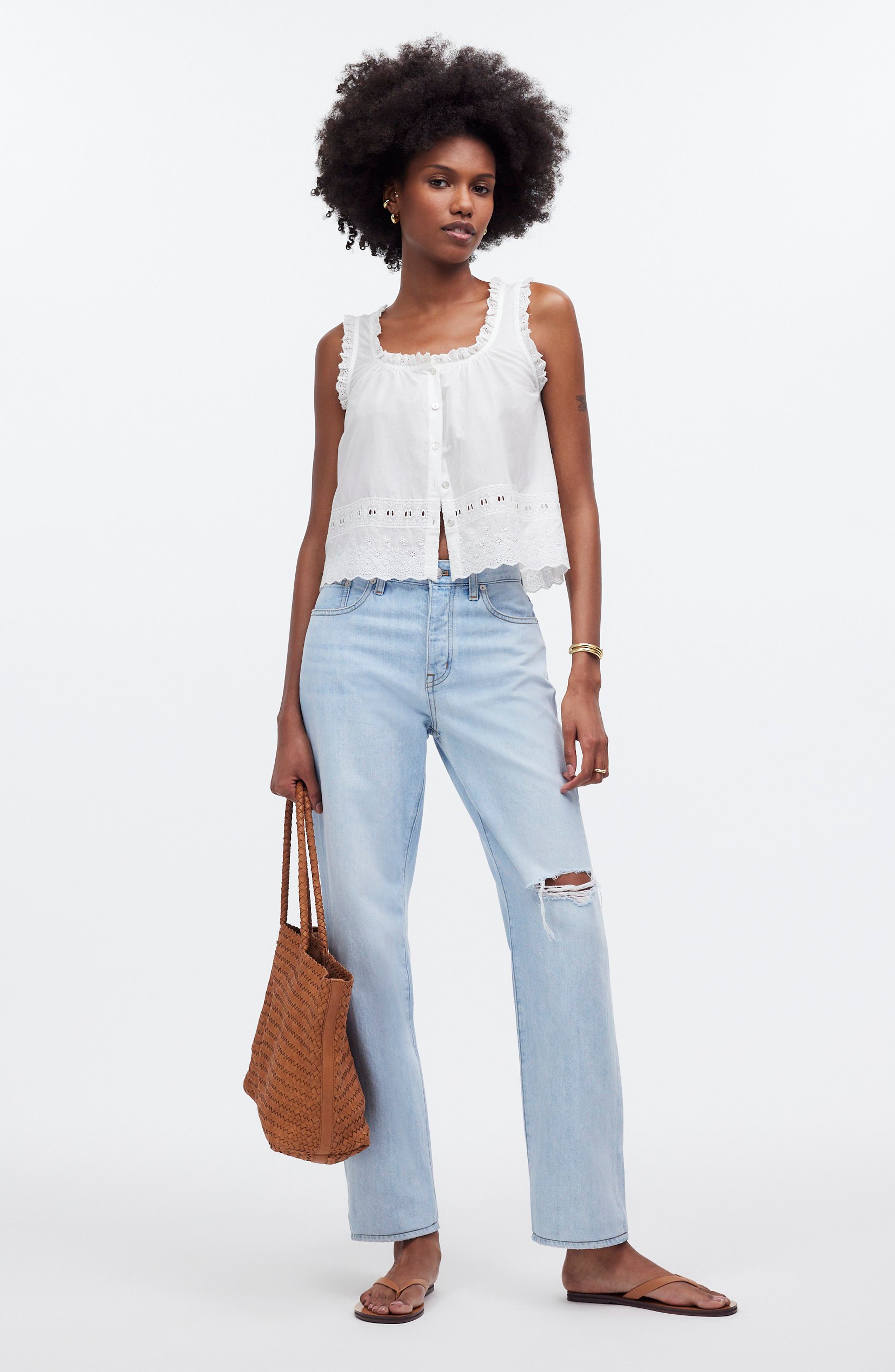 madewell eyelet mockneck ruffle top