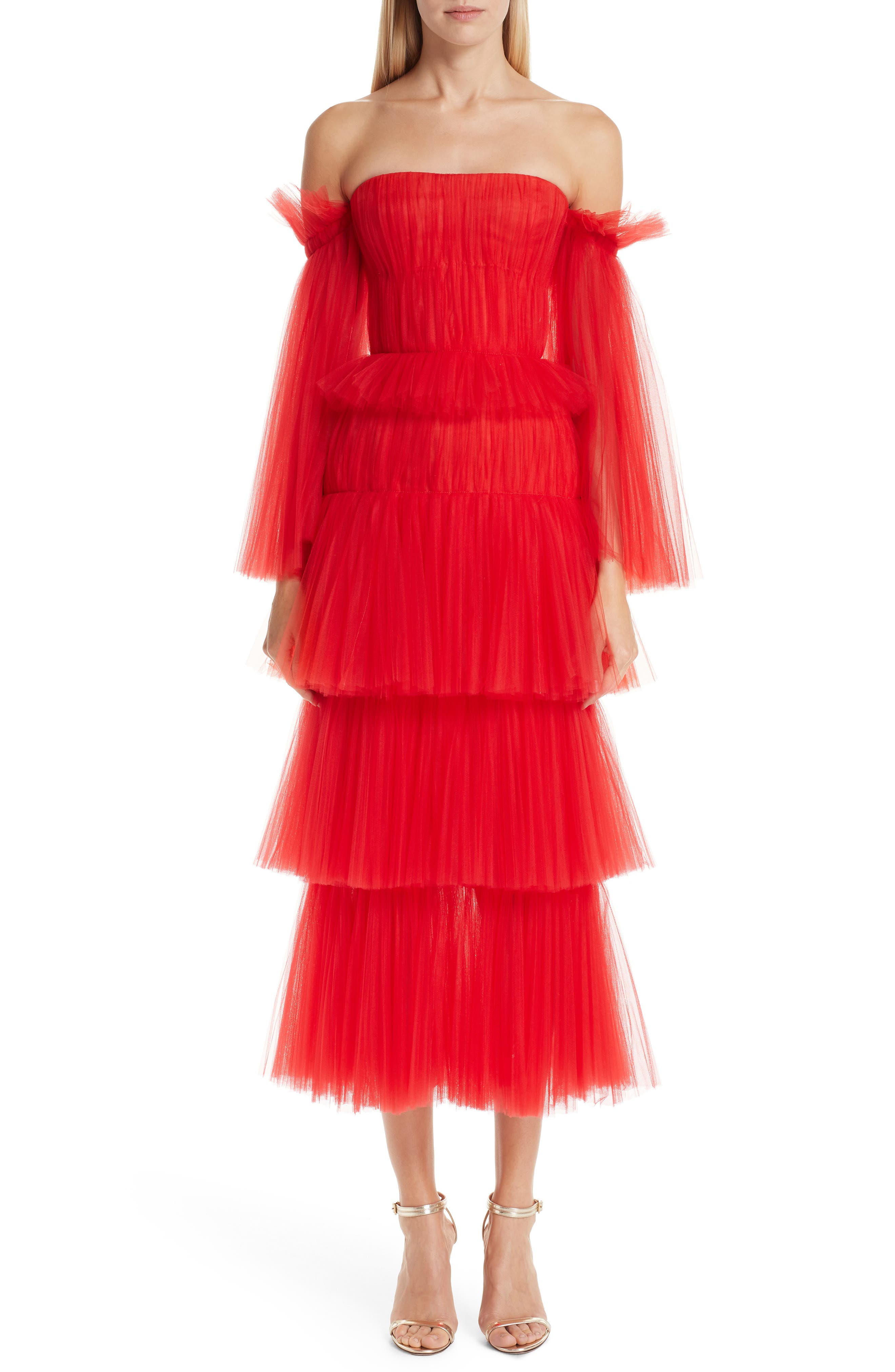 Carolina Herrera Off The Shoulder Pleated Tulle Dress, Red