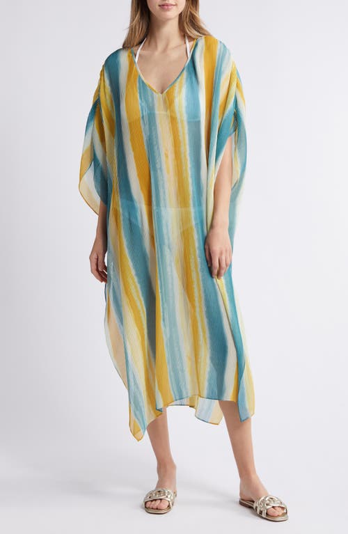 Pleated Sheer Caftan in Teal- Yellow Color Mantle