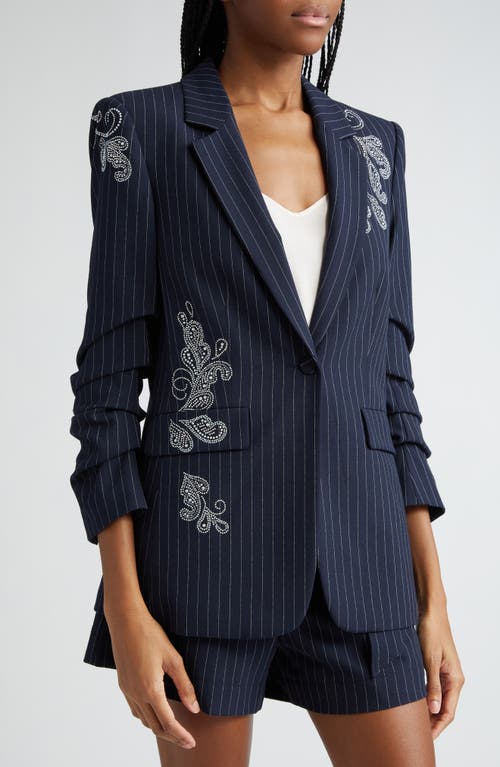 Shop Cinq À Sept Khloe Beaded Paisley Detail Pinstripe Blazer In Navy/ivory