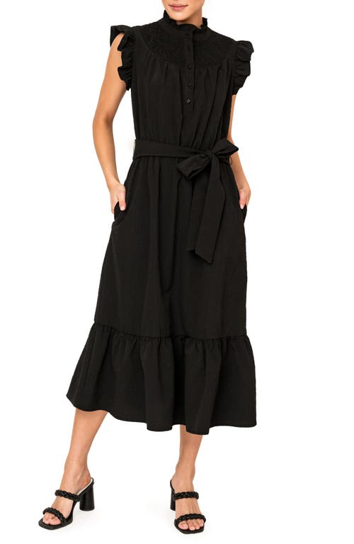 Textured Smocked Ruffle Midi Dress in Black