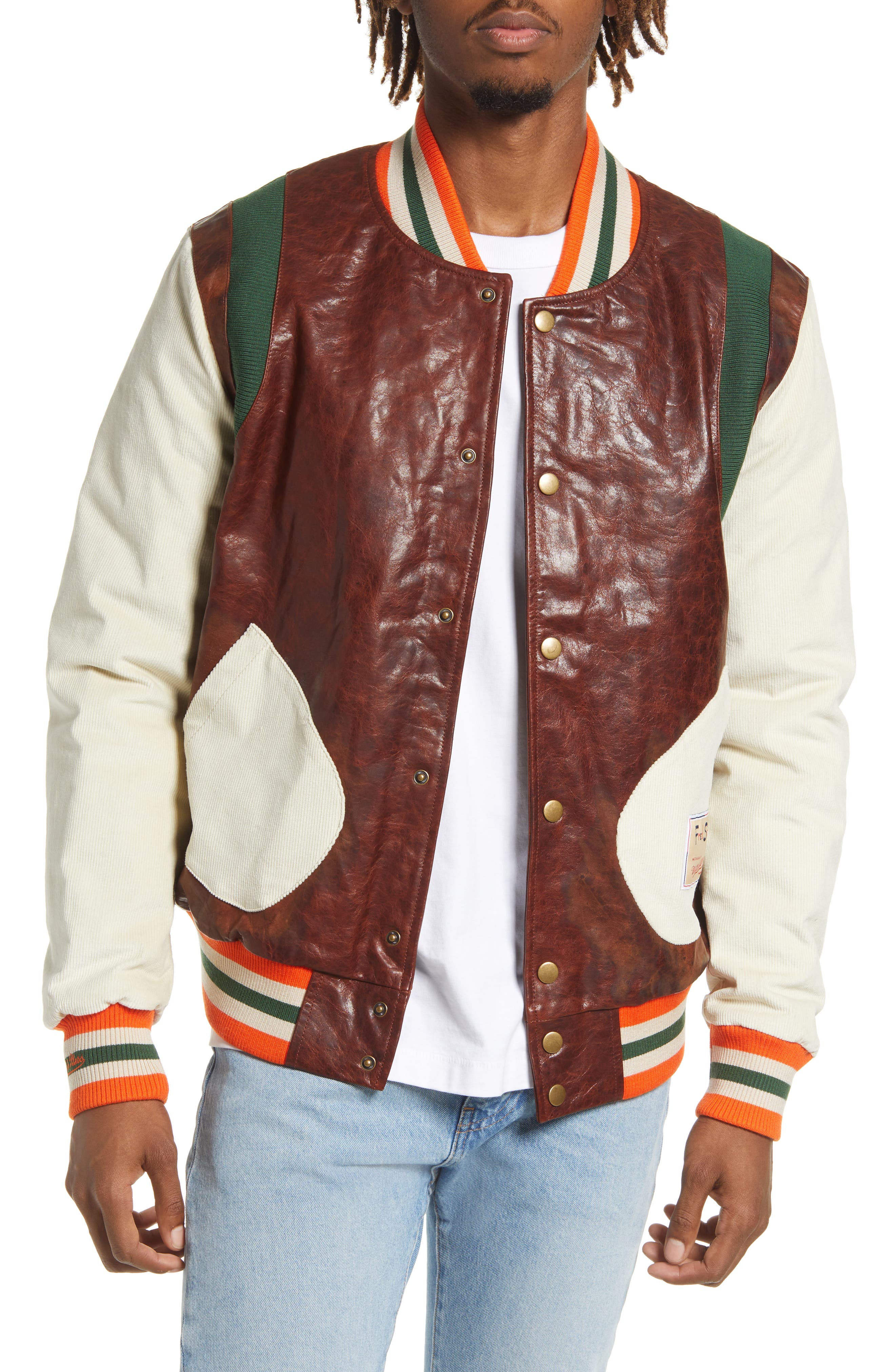Men's Casual Varisty Brown 100% Leather Bomber Jacket 