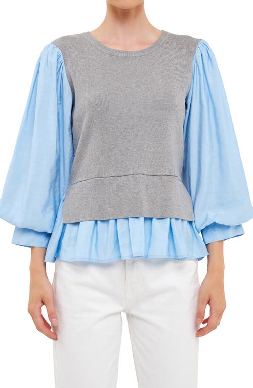 Shop English Factory Layered Mixed Media Top In Heather Grey/blue