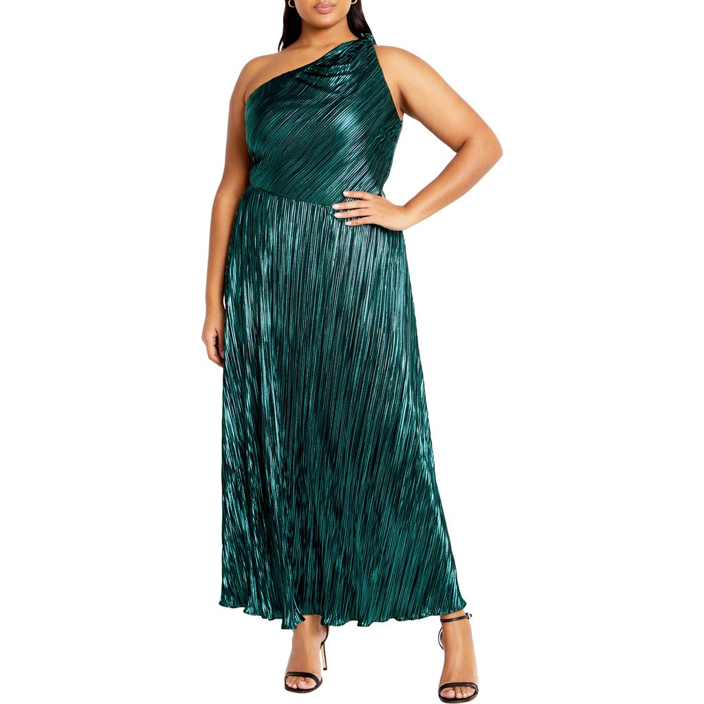City Chic Kamila Metallic One-shoulder Maxi Dress In Emerald