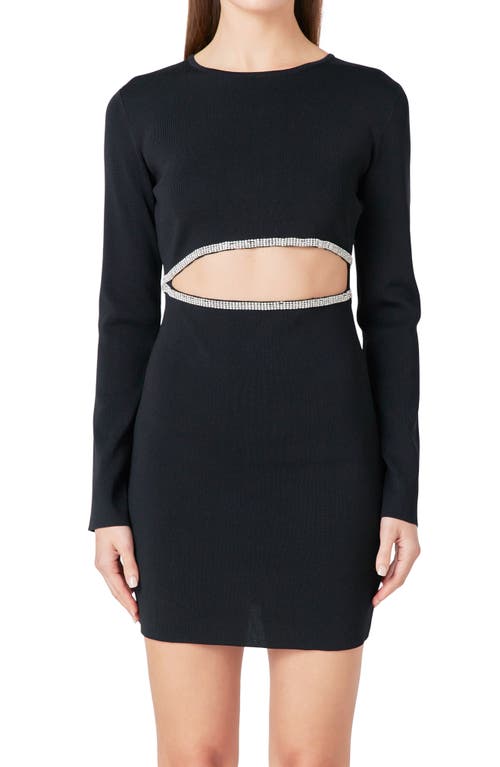 Endless Rose Rhinestone Cutout Detail Long Sleeve Knit Minidress In Black