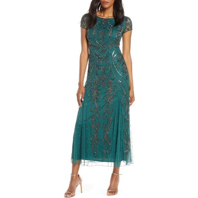 Pisarro Nights Embellished Mesh Gown, Green