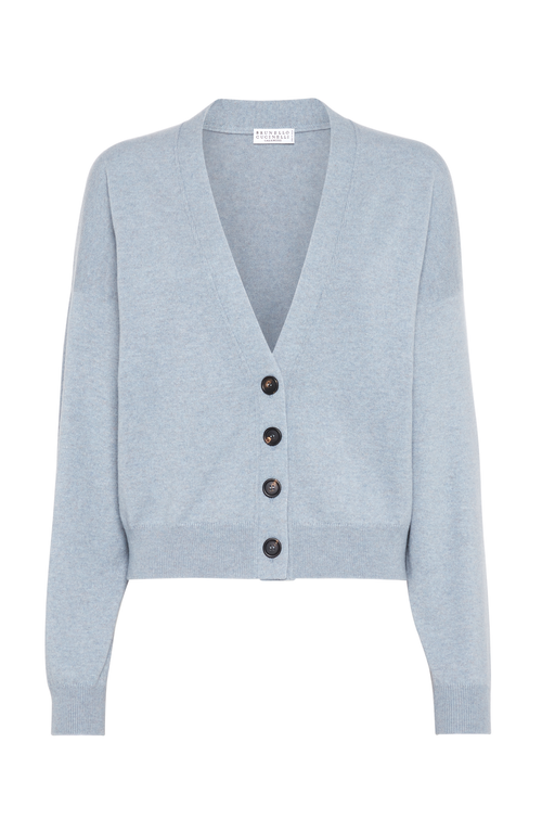 Shop Brunello Cucinelli Cashmere Cardigan With Monili In Light Denim