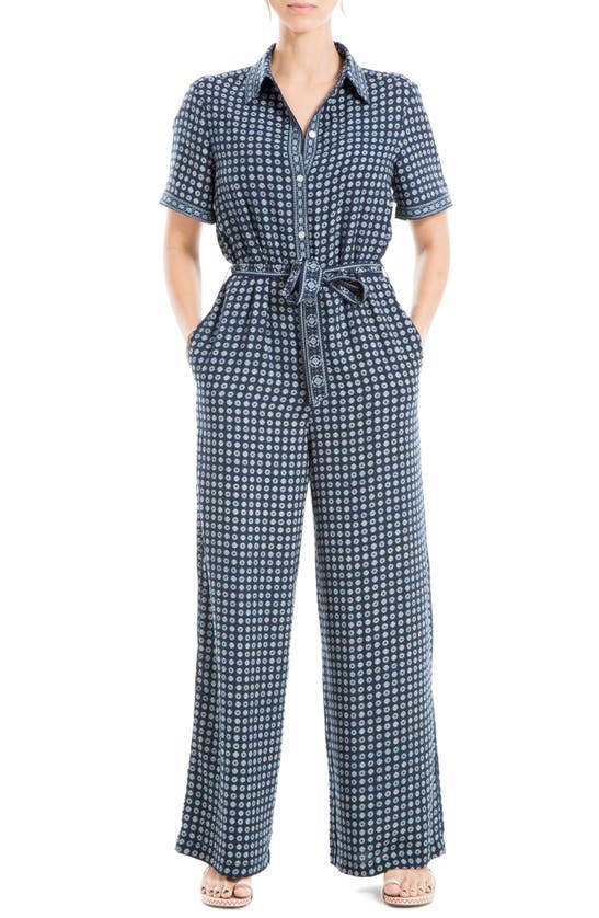 Max Studio Medallion Crepe Jumpsuit In Nvy/ Crm Md Flrishng Geo