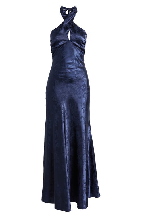 Lulus Classy Personality Navy Blue Satin Jacquard Halter Maxi Dress In Navy