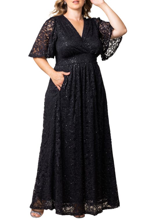 Kiyonna Luminous Sequin Lace A-line Gown In Onyx