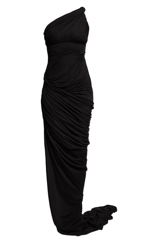 Shop Rick Owens Lido Draped One-shoulder Cotton Jersey Gown With Train In 09 Black
