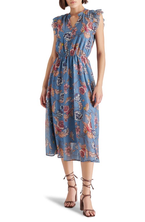 Steve Madden Allegra Floral Ruffle Chiffon Midi Dress In Cadet Blue