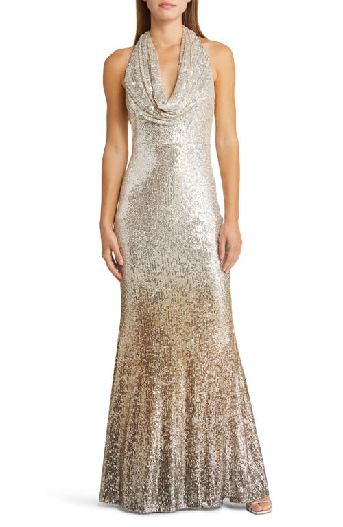 Ombré Sequin Cowl Halter Neck Gown in Silver Gold