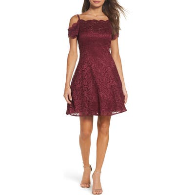 Morgan & Co. Cold Shoulder Glitter Lace Fit & Flare Dress, /6 - Burgundy