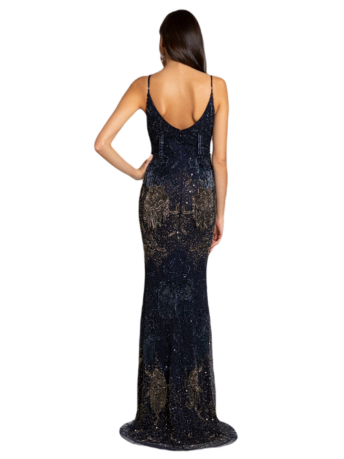 Lara New York Danika Floral Beaded Sheath Beaded Dress With Beaded Fringe In Navy