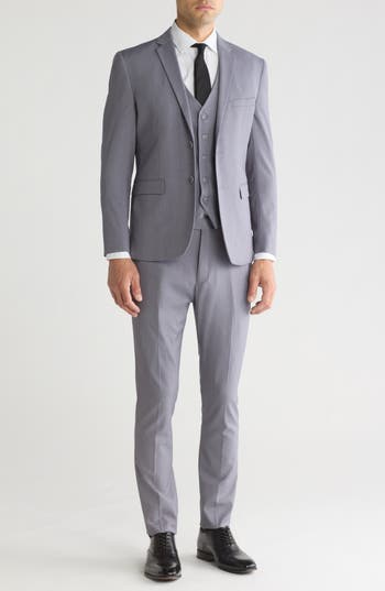Shop Gino Vitale Skinny Fit Solid Stretch Three Piece Suit In Grey