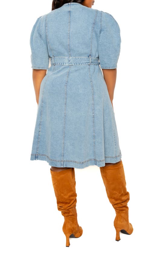 Buxom Couture Puff Sleeve Tie Belt Denim Shirtdress In Denim Blue