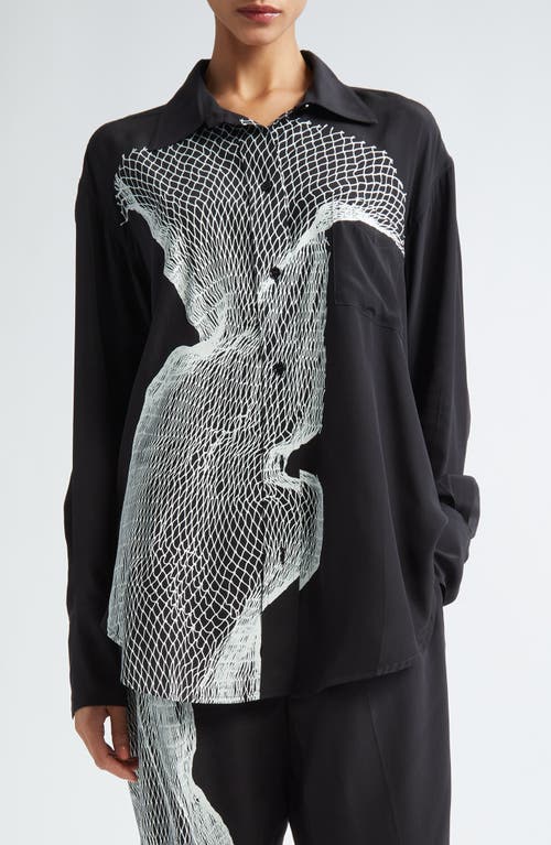 Victoria Beckham Contorted Net Print Silk Button-Up Pajama Shirt in Contorted Net - Black/White at Nordstrom, Size 6 Us