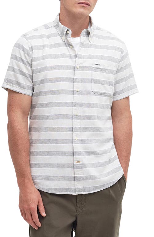 Barbour Somerby Tailored Fit Stripe Short Sleeve Linen & Cotton Button-Down Shirt Olive at Nordstrom,