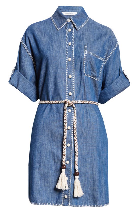 Shop Zimmermann Blanket Stitch Denim Mini Shirtdress In Railway Blue