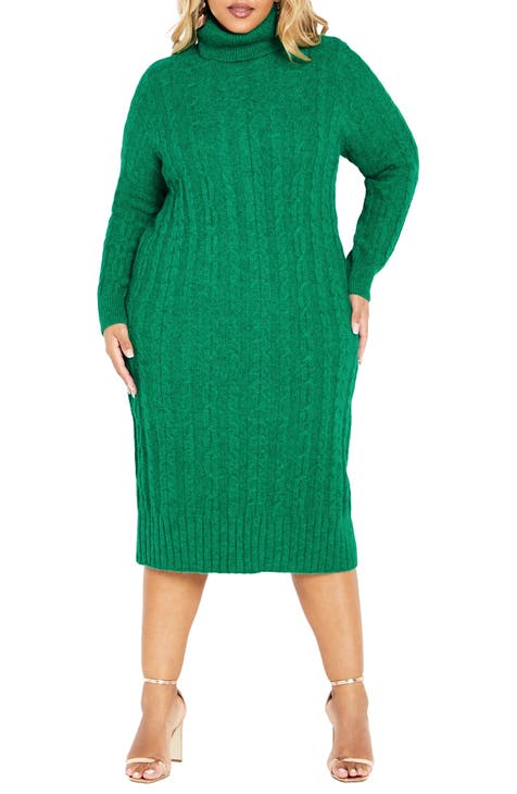 Women Forest Green Regenerated Cashmere Chain Cable Knit Jumper Dress